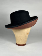 Load image into Gallery viewer, 1980’s-90’s designer Kokin wool felt black and brown stylized bowler hat with curl brim
