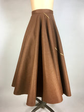 Load image into Gallery viewer, 1950’s homemade brown wool felt circle “poodle” skirt with leopard cat
