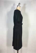 Load image into Gallery viewer, 1950’s black cotton eyelet lace sheath dress with matching belt
